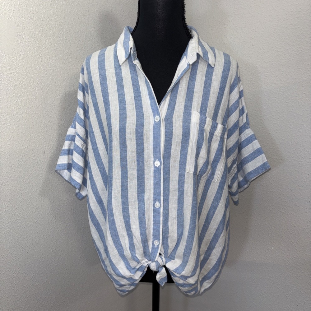 Thread & Supply Blouse Women's Small Blue & White Tie Front Linen Blend Beach